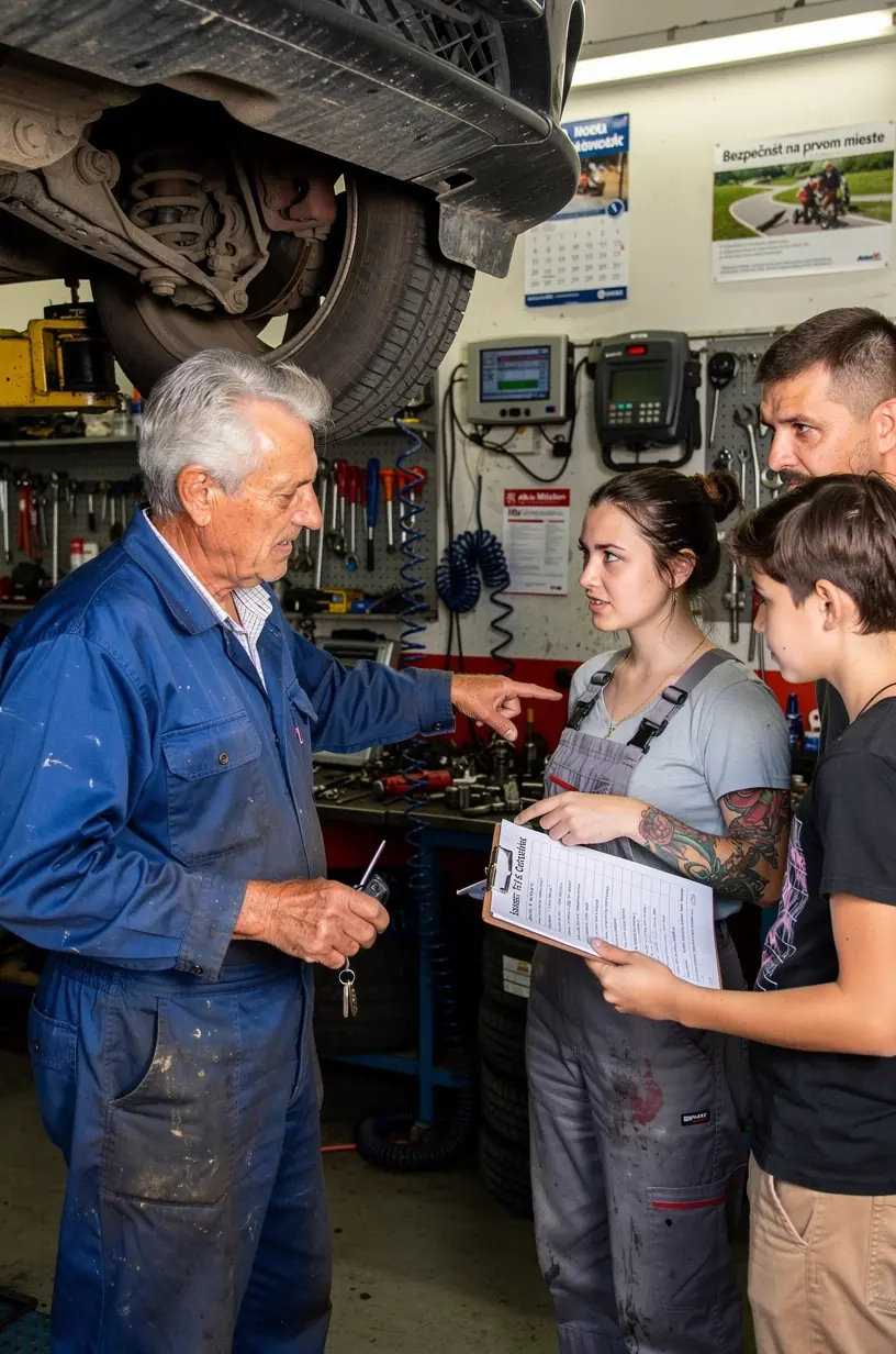 Zamestnanec autoservisu vykonáva vizuálnu kontrolu osvetlenia vozidla pred technickou kontrolou