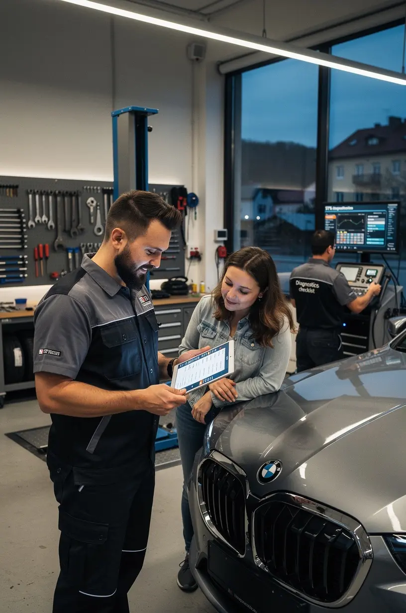 Zákazník konzultuje s mechanikom výsledky predbežnej kontroly pred emisnou skúškou